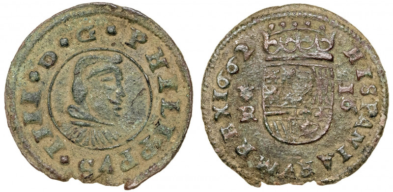 1662. Felipe IV. Coruña. R. 16 maravedís. (AC. 451). Defecto en borde. Escasa. 3...