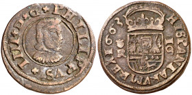 1663. Felipe IV. Coruña. R. 16 maravedís. (AC. 453). 4,53 g. MBC.