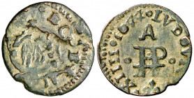 1644. Guerra dels Segadors. Perpinyà. 1 diner. (AC. 177) (Cru.C.G. 4639 var). Lluís XIV. San Juan entre anillos. Rara. 0,88 g. MBC-/MBC+.