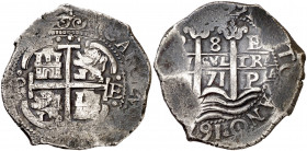1671. Carlos II. Potosí. E. 8 reales. (AC. 702). Doble fecha, la de la leyenda parcial. Oxidaciones. 27,35 g. BC+.