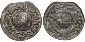 1709. Carlos III, Pretendiente. Barcelona. 1 ardit. (AC. 5). Acuñada sobre un ardit de Barcelona de Lluís XIV. 1,38 g. MBC+.