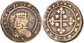 1713. Carlos III, Pretendiente. Cagliari. 3 cagliaresi. (Vti. falta) (MIR. 100). Como Carlos VI. 6,25 g. MBC-.