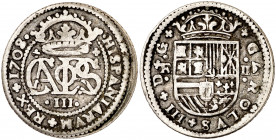 1708. Carlos III, Pretendiente. Barcelona. 2 reales. (AC. 29). 4,87 g. MBC.