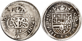 170(...). Carlos III, Pretendiente. Barcelona. 2 reales. (AC. tipo 9). Rayitas. 4,20 g. BC-/BC.