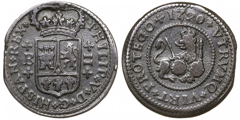 1720. Felipe V. Barcelona. 2 maravedís. (AC. 54). 4,05 g. BC+.