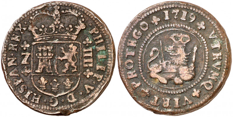 1719. Felipe V. Zaragoza. 4 maravedís. (AC. 101). 9,29 g. MBC-.