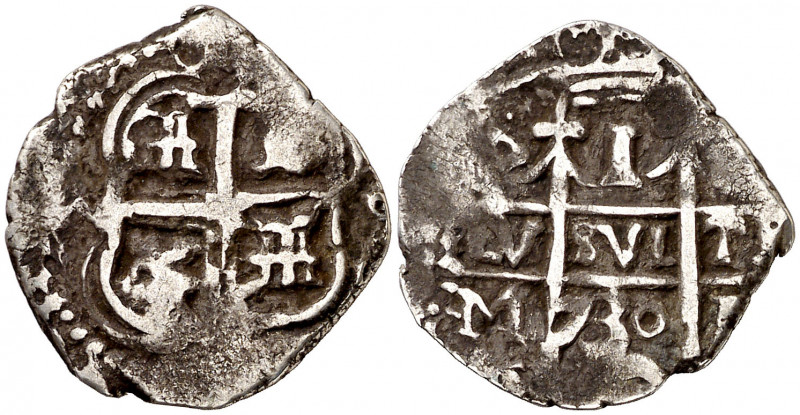 1730. Felipe V. Potosí. M. 1 real. (AC. 586). Doble fecha, una parcial. 2,86 g. ...