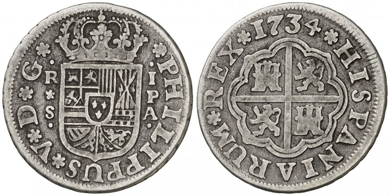 1734. Felipe V. Sevilla. PA. 1 real. (AC. 658). 2,65 g. MBC-.