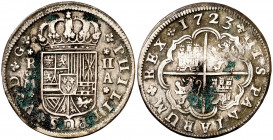 1723. Felipe V. Madrid. A. 2 reales. (AC. 958). Incrustaciones. 5,10 g. (MBC/MBC-).