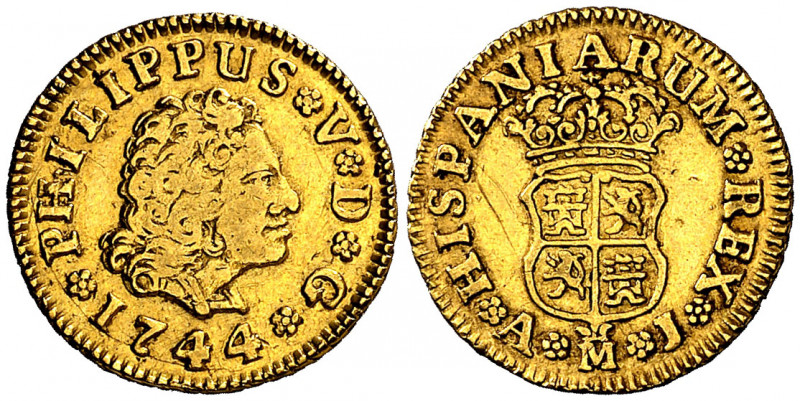 1744. Felipe V. Madrid. AJ. 1/2 escudo. (AC. 1637). 1,77 g. MBC-/MBC.