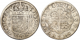 1754. Fernando VI. Sevilla. PJ. 2 reales. (AC. 341). 5,52 g. MBC/MBC-.
