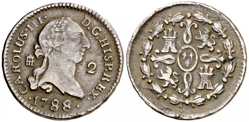 1788. Carlos III. Segovia. 2 maravedís. (AC. 49). 2,19 g. MBC.