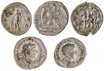 Lote de 4 antoninianos (Gordiano III y Trajano Decio) y 1 tetradracma de Vespasiano. Total 5 monedas. A examinar. MBC-/MBC+.