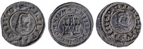 1598, 1662 y 1663. Coruña (dos) y Segovia. 2 y 8 (dos) maravedís. Lote de 3 monedas. A examinar. MBC/MBC+.