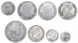 Felipe V a Isabel II. Lote de 8 monedas en plata. A examinar. BC-/BC+.