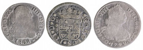 1761, 1792 y 1808. Carlos III y IV. Lima y Sevilla. 2 reales. Lote de 3 monedas. A examinar. RC/BC+.