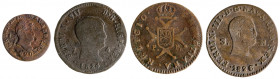 1820 a 1826. Fernando VII. 1, 3 (dos) y 4 maravedís. Lote de 4 monedas de cobre, tres de Pamplona. A examinar. BC-/BC+.