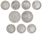 Isabel II. 20 (dos), 50 centavos, 40 céntimos de escudo (cuatro), 1 escudo y 4 reales. Lote de 9 monedas. A examinar. BC/BC+.