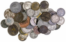Lote formado por 55 monedas falsas de época, de la época de los Borbones, incluye un sello moneda. A examinar. BC/MBC.