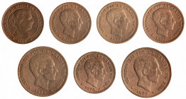 1868 a 1879. 2 1/2 céntimos de escudo, 5 (cuatro) y 10 (dos) céntimos. Lote de 7 monedas. A examinar. MBC-/MBC.