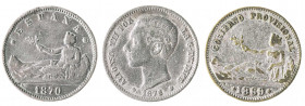1869 a 1876. 1 peseta. Lote de 3 monedas falsas de época. A examinar. MBC-/MBC.