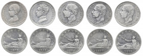 1869 a 1905. 2 pesetas. Lote de 10 monedas. A examinar. BC/BC+.