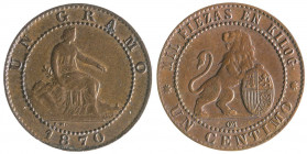 1870. Gobierno Provisional. OM. 1 céntimo. (AC. 3). Lote de 2 monedas. A examinar. MBC/EBC-.