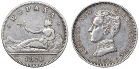 1870 y 1905. 2 pesetas. Lote de 2 monedas. A examinar. MBC-/MBC.