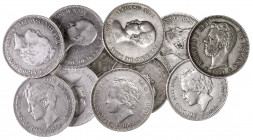 1871 a 1897. 5 pesetas. Lote de 11 monedas, incluyendo una falsa de época en alpaca. A examinar. BC/MBC.