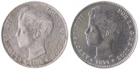 1896*1896 y 1899*1899. Alfonso XIII. 1 peseta. Lote de 2 monedas, una limpiada. A examinar. MBC/MBC+.