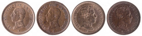 1904*04, 1905*05, 1911*11 y 1912*12. Alfonso XIII. 2 céntimos. Lote de 4 monedas. A examinar. BC+/EBC+.