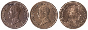 1906*6, 1912*2 y 1913*3. Alfonso XIII. 1 céntimo. Lote de 3 monedas. A examinar. MBC+/S/C-.