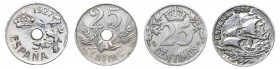 1925 y 1927. Alfonso XIII. 25 céntimos. Lote de 4 monedas. A examinar. MBC/MBC+.