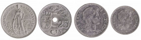 1937. Guerra Civil. Euskadi, 1 y 2 pesetas, Consejo de Asturias y León, 2 pesetas, España, 25 céntimos. Total 4 monedas. A examinar. MBC-/MBC+.