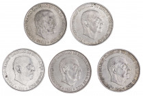 1966*1966 a 1970. Franco. 100 pesetas. Lote de 5 monedas. A examinar. MBC/EBC.