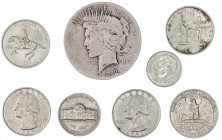 Estados Unidos. 1922 a 2015. 5 centavos, 1 dime, 1/4 (cinco) y 1 dólar. Lote de 8 monedas. A examinar. BC/EBC.