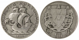 Portugal. 1945 y 1947. 2,50 escudos. (Kr. 580). Lote de 2 monedas. A examinar. AG. MBC/MBC+.