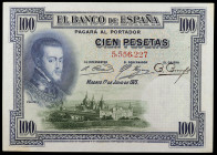 1925. 100 pesetas. (Ed. B107) (Ed. 323). 1 de julio, Felipe II. Sin serie. Esquinas rozadas. EBC.