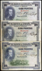 1925. 100 pesetas. (Ed. B127) (Ed. 344). 1 de julio, Felipe II. 3 billetes con sello en seco del GOBIERNO PROVISIONAL. BC/MBC-.