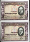 1935. 50 pesetas. (Ed. C17) (Ed. 366). 22 de julio, Ramón y Cajal. 2 billetes, sin serie. Una esquina rozada. S/C-.