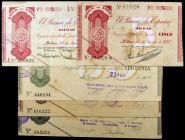 1936. Bilbao. 5 (sin serie y serie A), 25, 50 y 100 pesetas. (Ed. C19c, C19Ac, C20h. C21d y C22a) (Ed. 368c, 368Ac, 369j, 370f y 371a). 5 billetes, se...