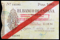 1936. Gijón. 100 pesetas. (Ed. C35) (Ed. 384). 5 de noviembre. Mínimo doblez pero extraordinario ejemplar. Raro así. MBC+.