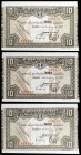 1937. Bilbao. 10 pesetas. (Ed. C38 var) (Ed. 387c). 1 de enero. Trío correlativo. Antefirma Banco Central. Escasos así. S/C.