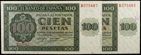 1936. Burgos. 100 pesetas. (Ed. D22a) (Ed. 421a). 21 de noviembre. Pareja correlativa de nº impares, serie D. S/C-.