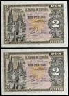 1938. Burgos. 2 pesetas. (Ed. D30a) (Ed. 429a). 30 de abril. Pareja correlativa, serie N. Esquinas algo rozadas. S/C-.