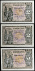 1938. Burgos. 2 pesetas. (Ed. D30a) (Ed. 429a). 30 de abril. 3 billetes, series D, G y N. Alguna esquina rozada. S/C-/S/C.