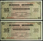 1938. Burgos. 25 pesetas. (Ed. D31) (Ed. 430). 20 de mayo. Pareja correlativa, serie A. Esquinas rozadas. S/C-.