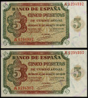 1938. Burgos. 5 pesetas. (Ed. D36) (Ed. 435). 10 de agosto. Pareja correlativa, serie A. Leve doblez. EBC+.