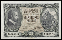 1940. 25 pesetas. (Ed. D37) (Ed. 436). 9 de enero, Juan de Herrera. Serie A, nº 0005204. Leve doblez. Escaso. EBC+.