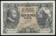 1940. 25 pesetas. (Ed. D37a) (Ed. 436a). 9 de enero, Juan de Herrera. Serie E. Leve doblez. Escaso. EBC-.